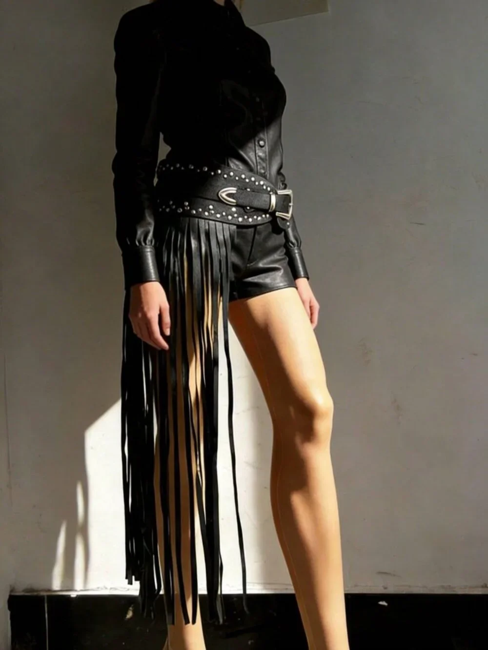 Coffee Y2K Chic Women's Faux Leather Fringe Punk Rivet Belt with Alloy Buckle